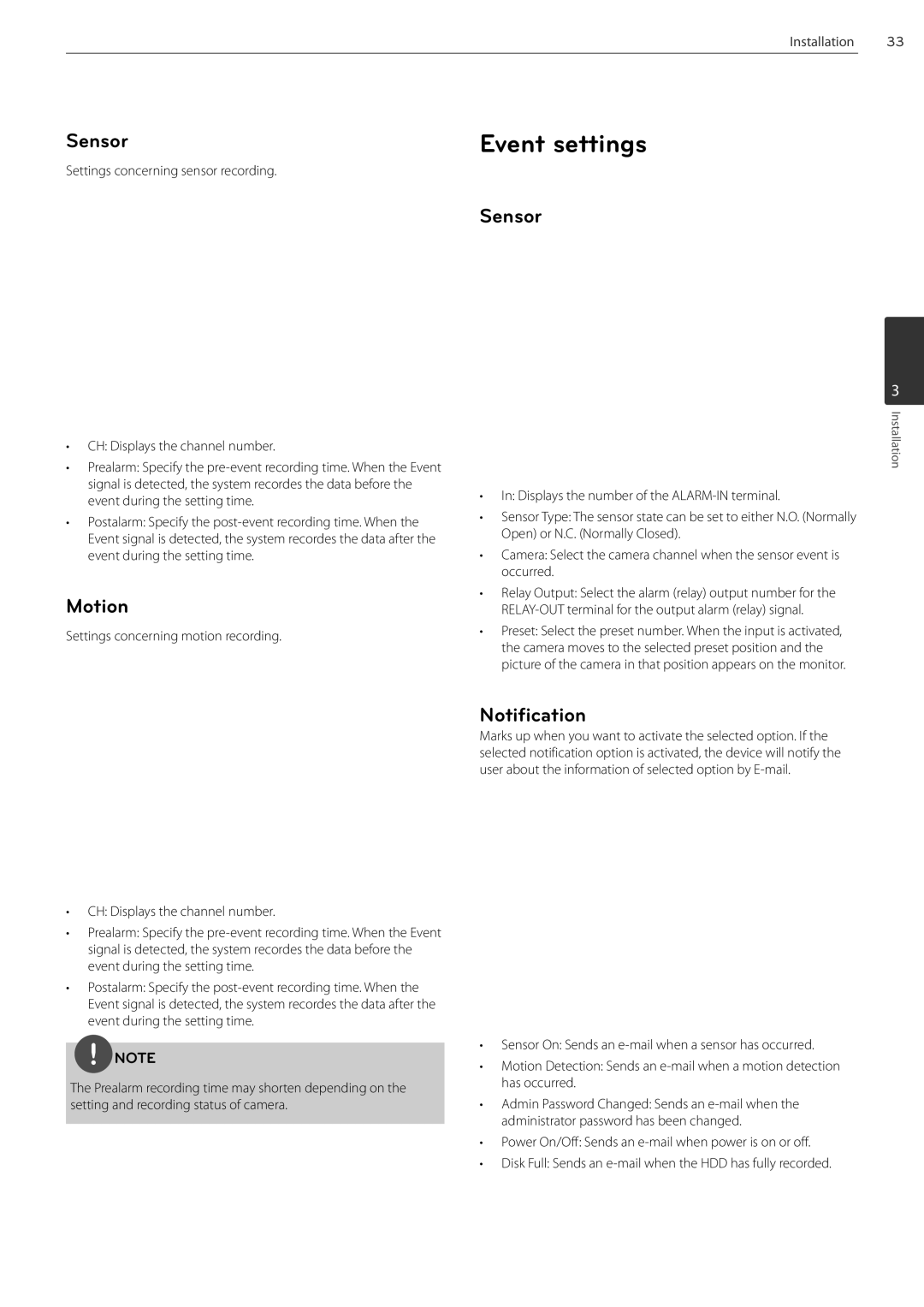 LG Electronics LRN3040N Series owner manual Event settings, Sensor, Motion, Notification 