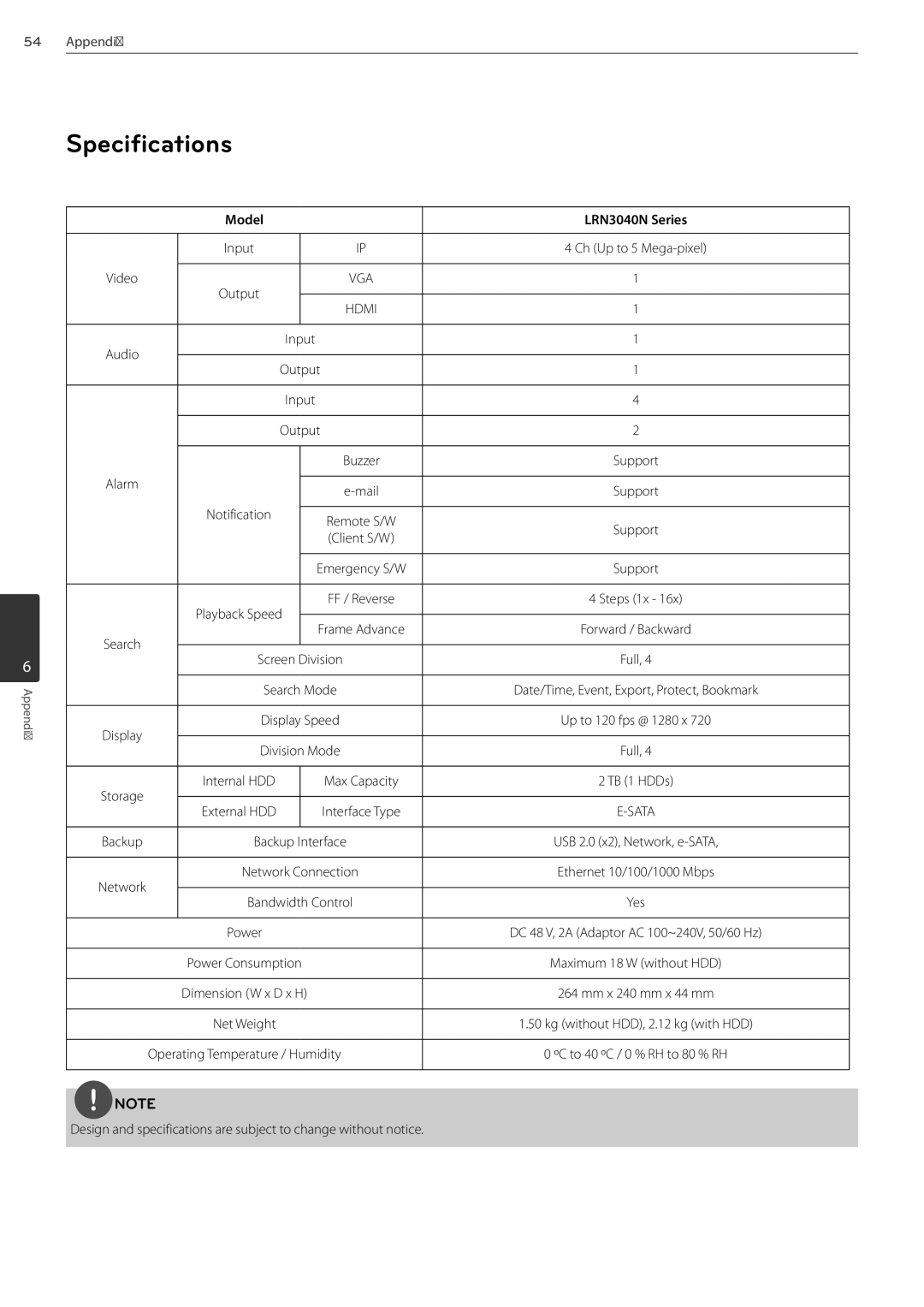 LG Electronics owner manual Specifications, Model LRN3040N Series 