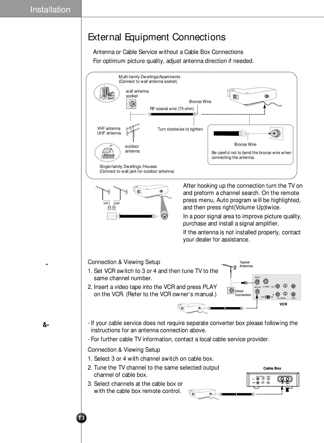 LG Electronics LRSC 26980TT manual External Equipment Connections, Antenna Connection, VCR Setup Cable TV Setup 