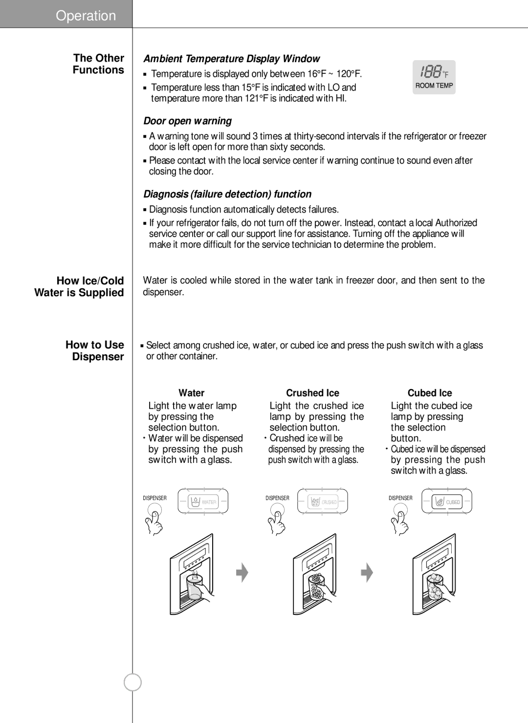 LG Electronics LRSC 26980TT manual Water, Crushed Ice, Cubed Ice 