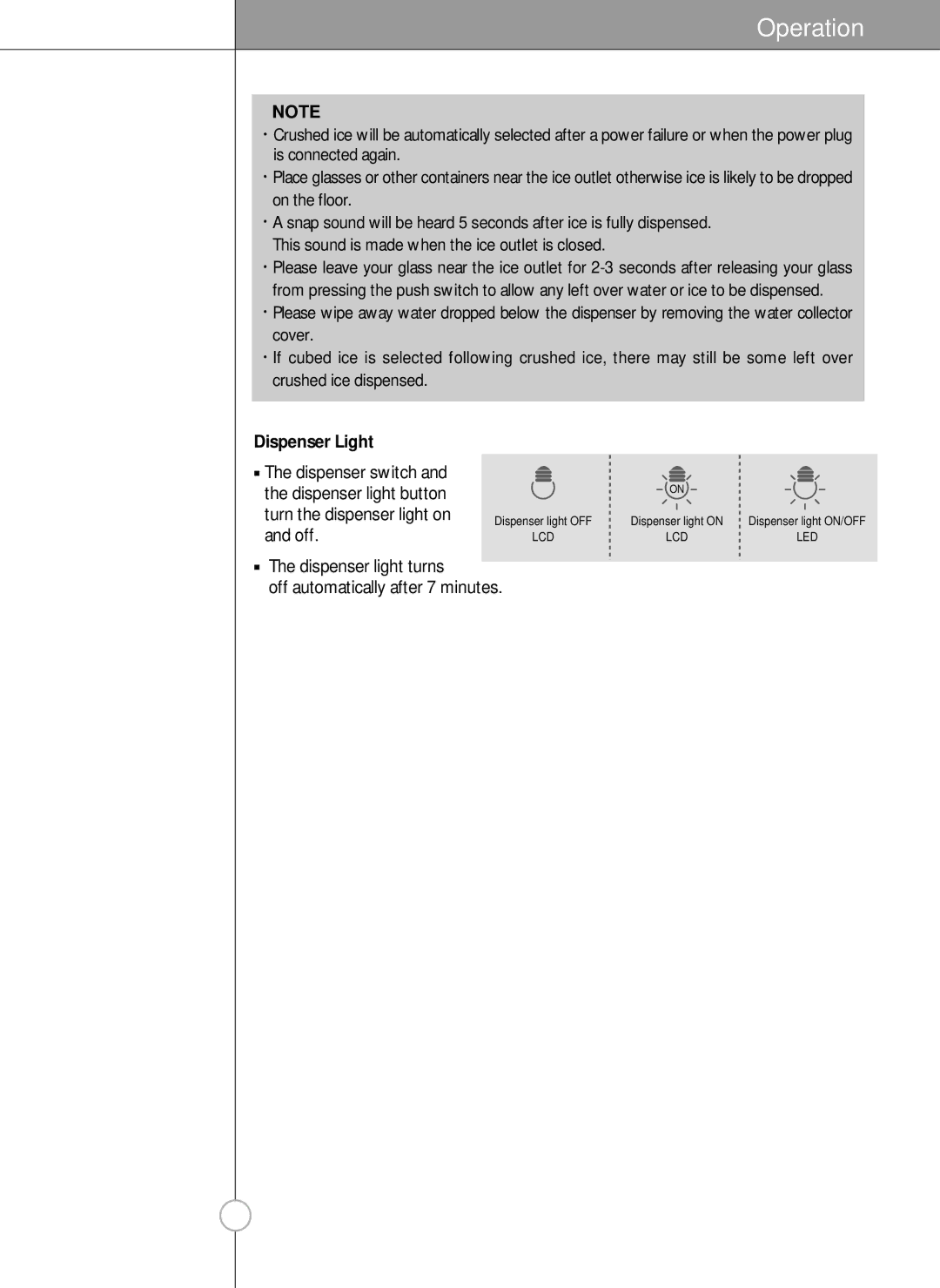 LG Electronics LRSC 26980TT manual Dispenser Light, Turn the dispenser light on, Off 