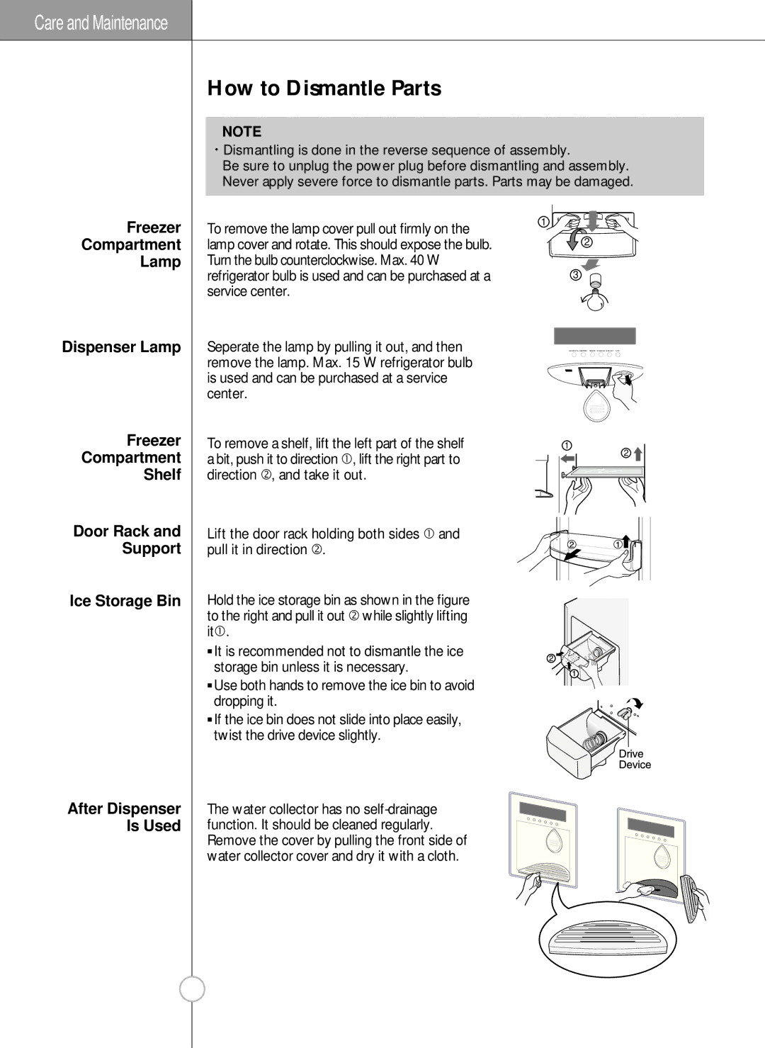 LG Electronics LRSC 26980TT How to Dismantle Parts, Freezer Compartment Lamp Dispenser Lamp, Freezer Compartment Shelf 