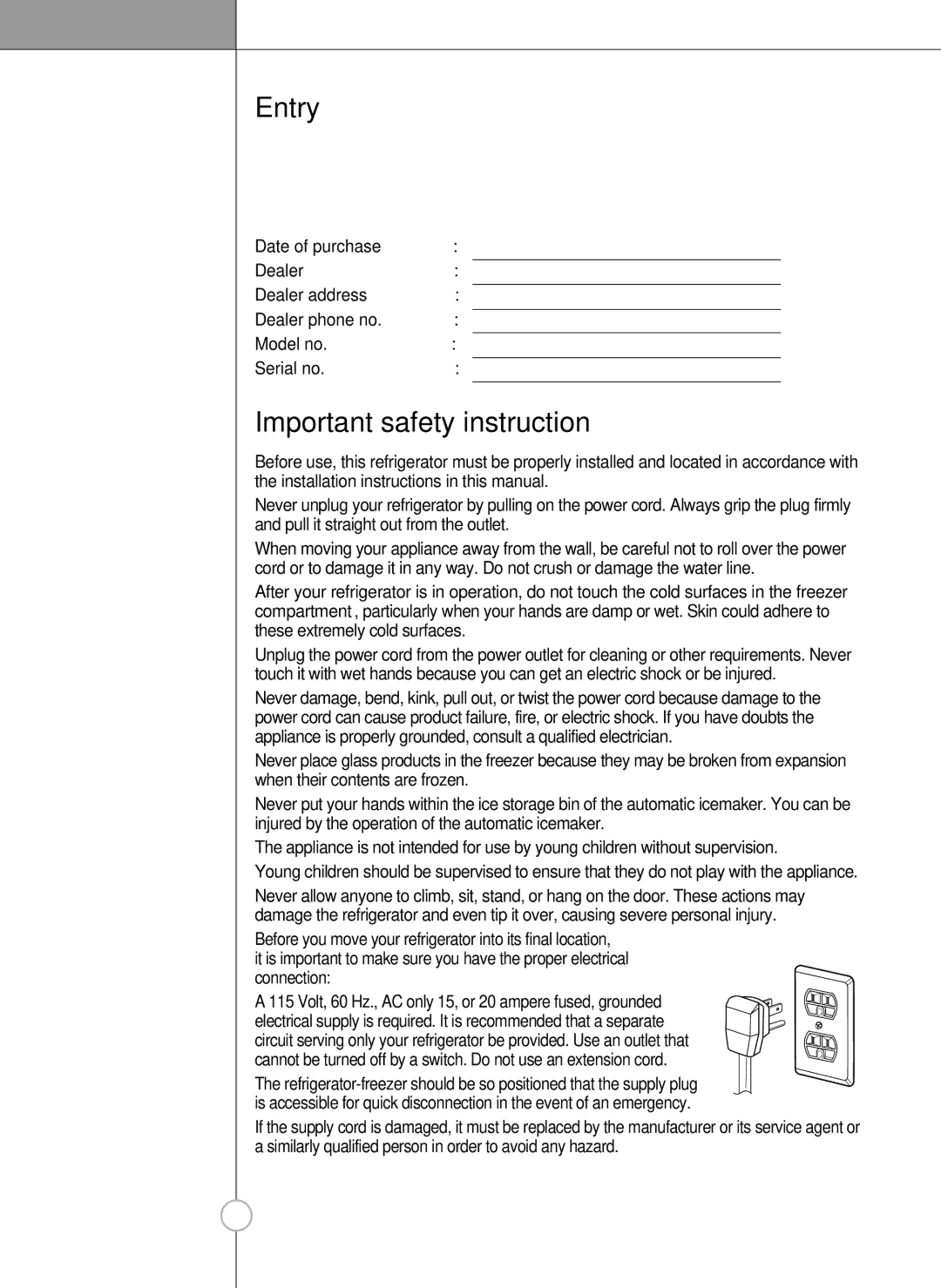 LG Electronics LRSC 26980TT manual Entry, Important safety instruction, Connection 