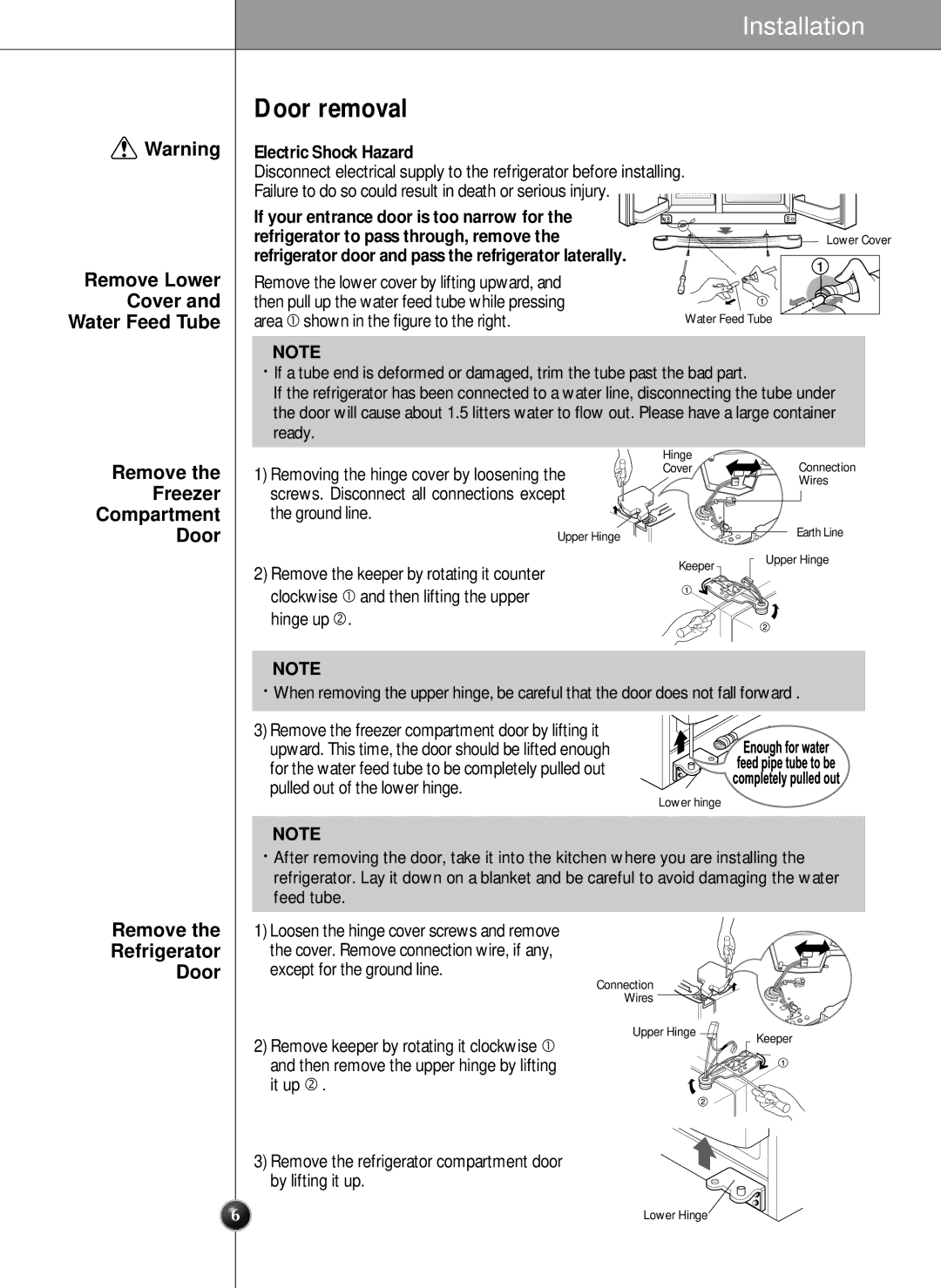 LG Electronics LRSC 26980TT manual Door removal, Remove Lower Cover Water Feed Tube, Remove Freezer Compartment Door 