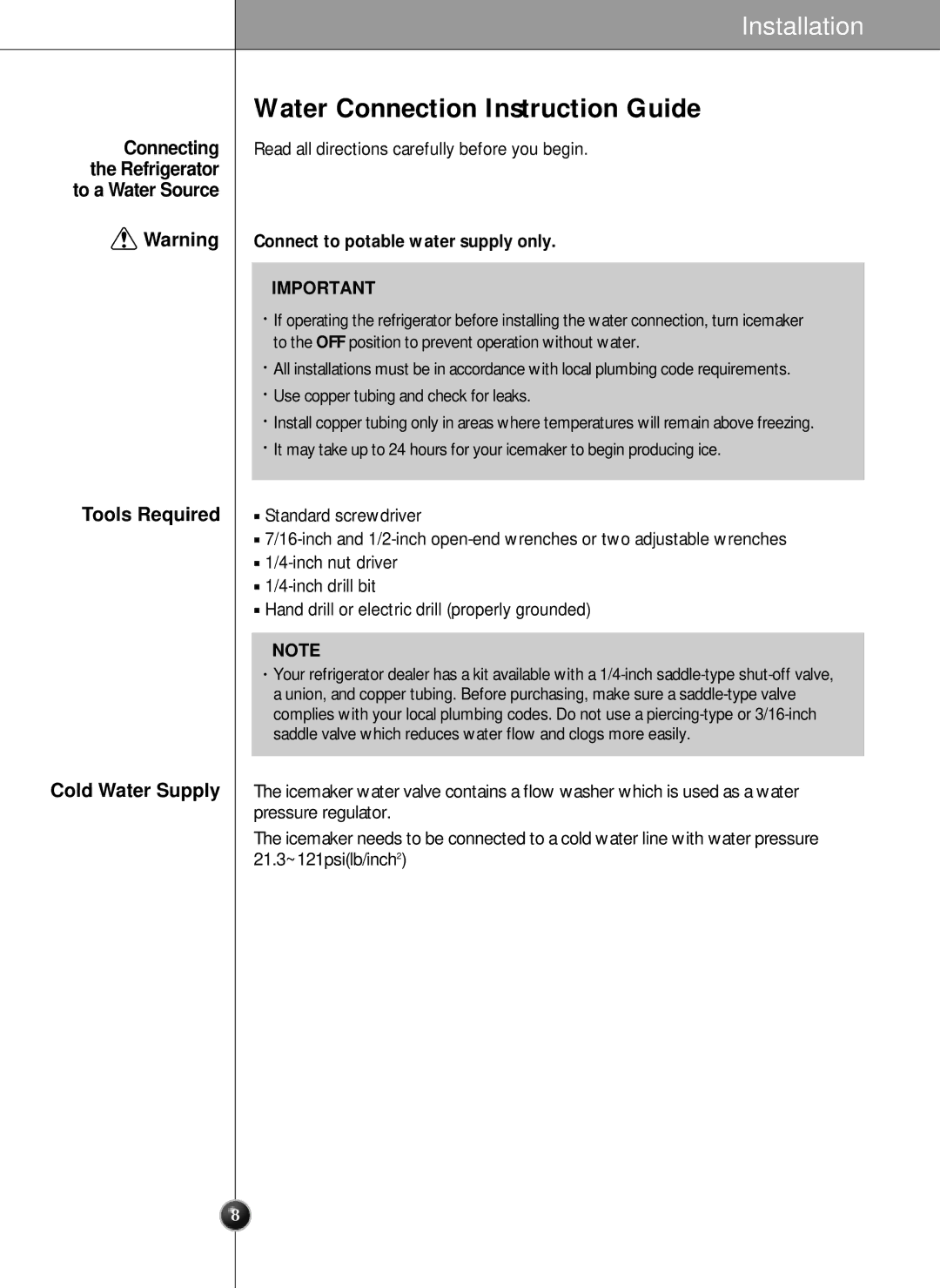 LG Electronics LRSC 26980TT manual Water Connection Instruction Guide, Connecting, Connect to potable water supply only 