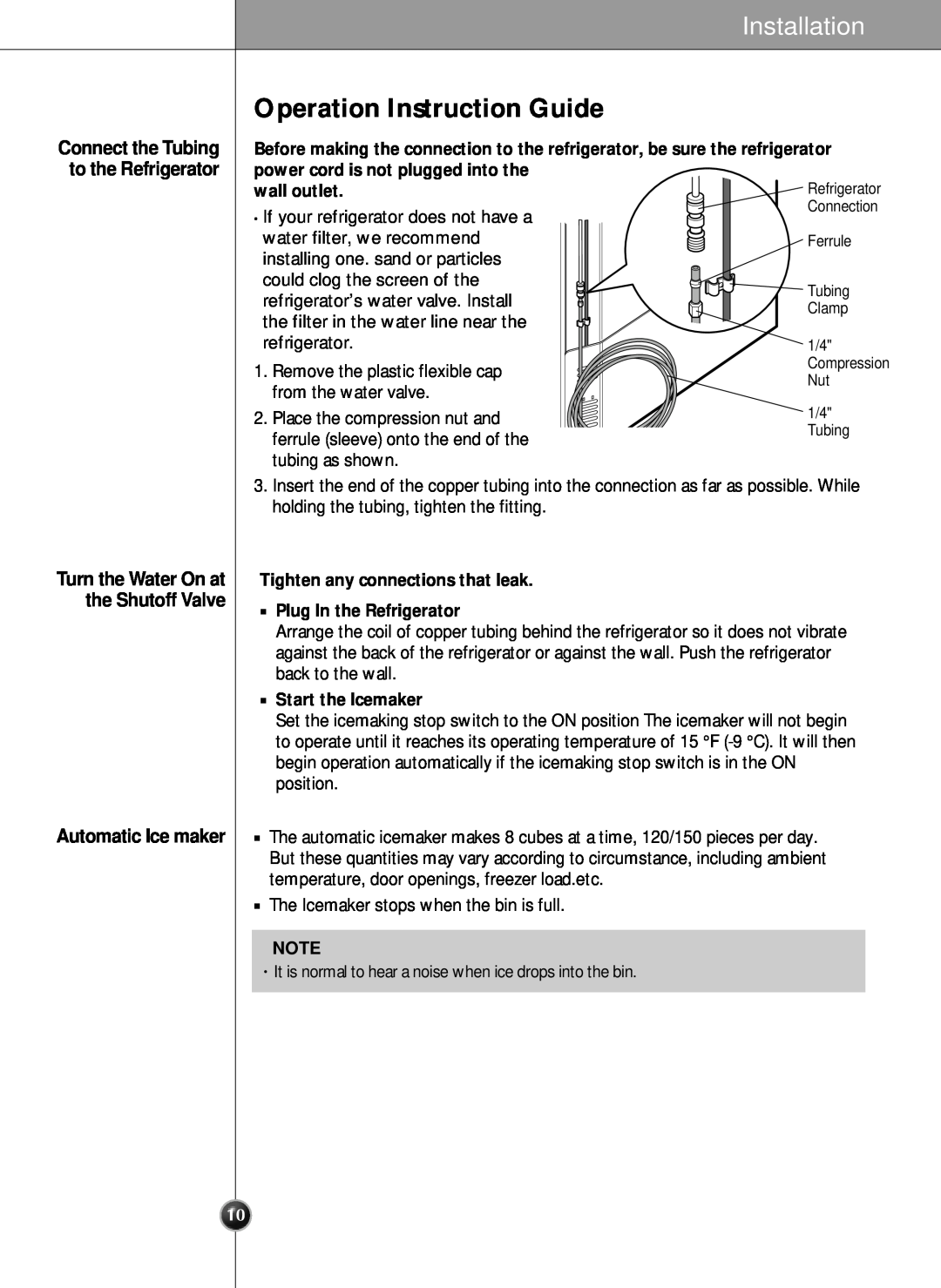 LG Electronics LRSC 26980TT manual Operation Instruction Guide, Automatic Ice maker, Installation, wall outlet 