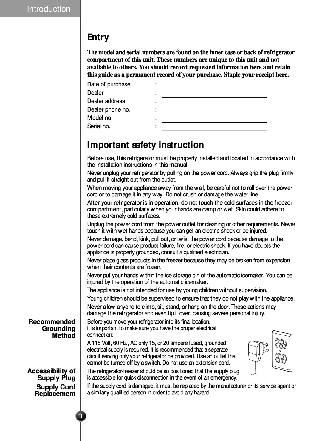 LG Electronics LRSC 26980TT manual Entry, Important safety instruction, Introduction, Replacement 