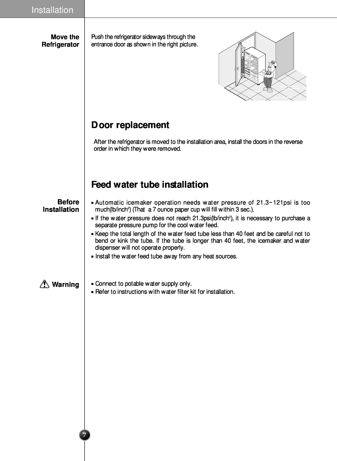 LG Electronics LRSC 26980TT manual Door replacement, Feed water tube installation, Before Installation 
