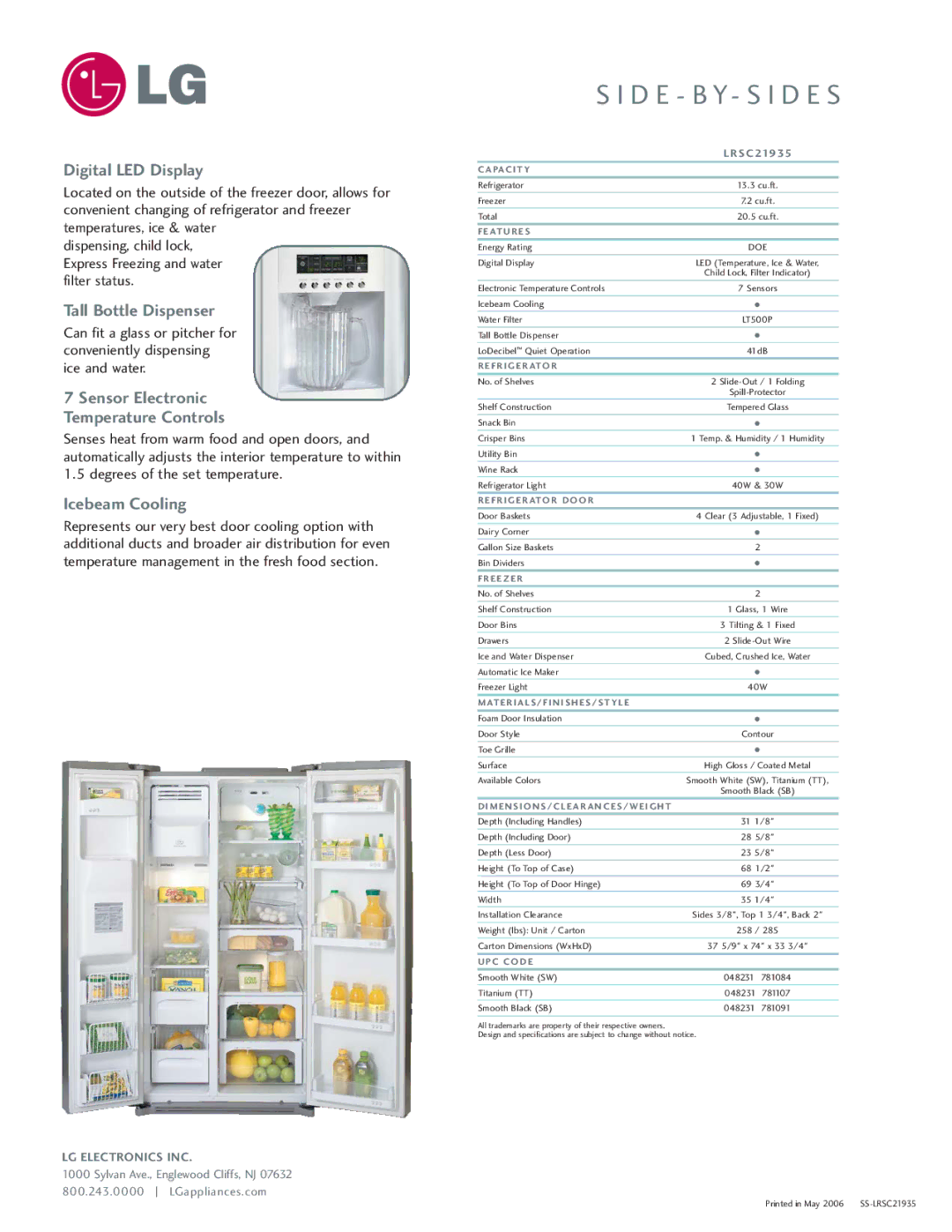 LG Electronics LRSC21935 manual Digital LED Display, Tall Bottle Dispenser, Sensor Electronic Temperature Controls 