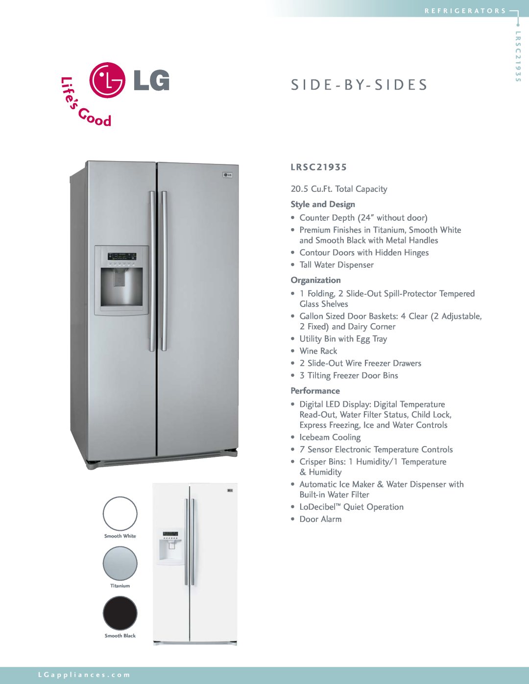 LG Electronics LRSC21935 manual L Rs C, S I D E - B Y- S I D E S, Style and Design, Organization, Performance 