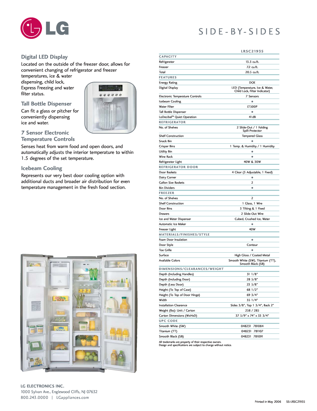 LG Electronics LRSC21935 manual Digital LED Display, Tall Bottle Dispenser, Sensor Electronic Temperature Controls 