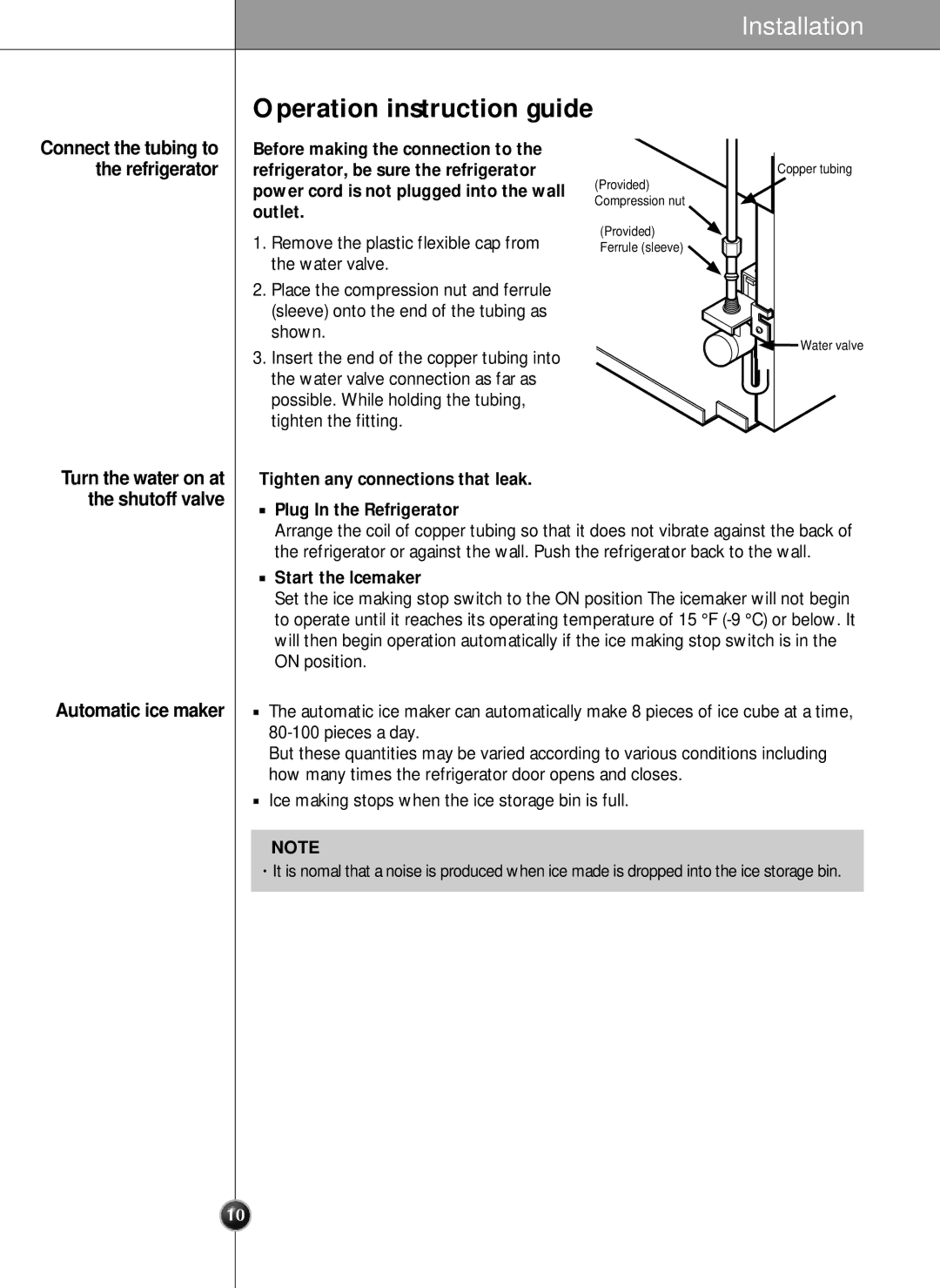 LG Electronics LRSC21935TT, LSRC21935SW, LSRC21935SB manual Operation instruction guide, Connect the tubing to Refrigerator 