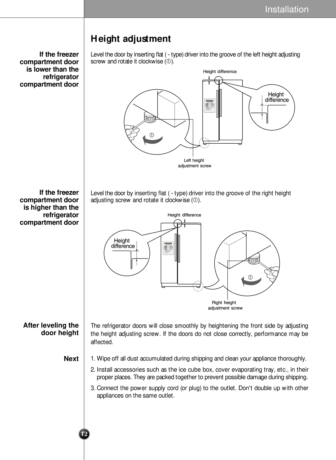 LG Electronics LRSC21935TT, LSRC21935SW, LSRC21935SB manual Height adjustment, If the freezer Compartment door, Next 