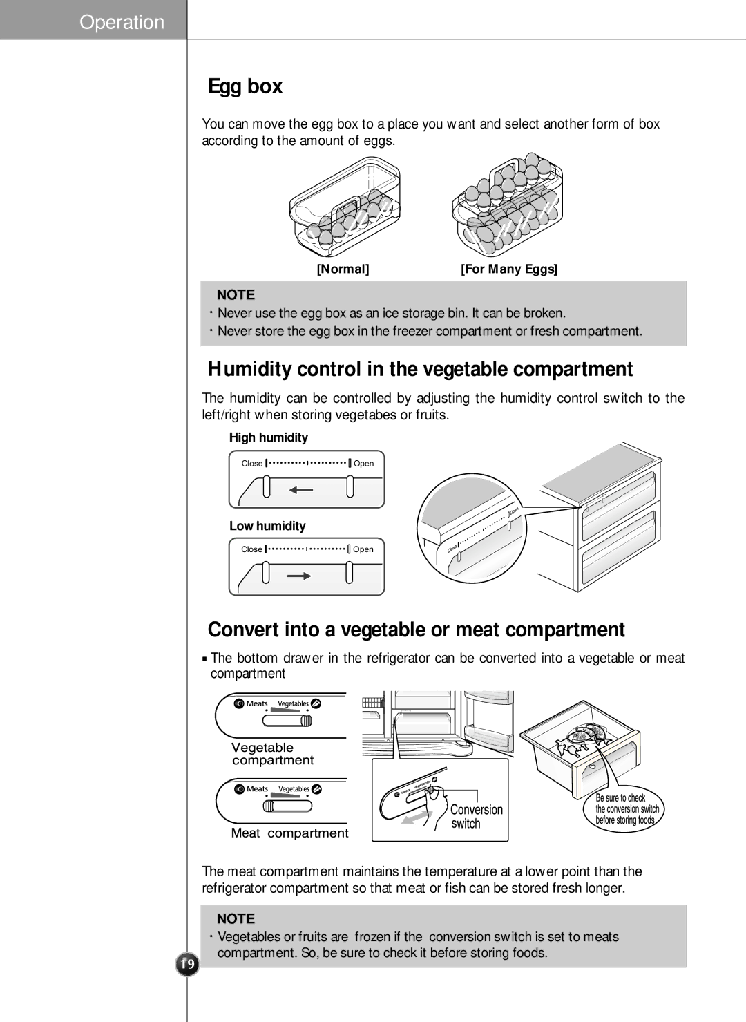 LG Electronics LRSC21935TT, LRSC21935SW, LRSC21935SB manual Egg box, Humidity control in the vegetable compartment 