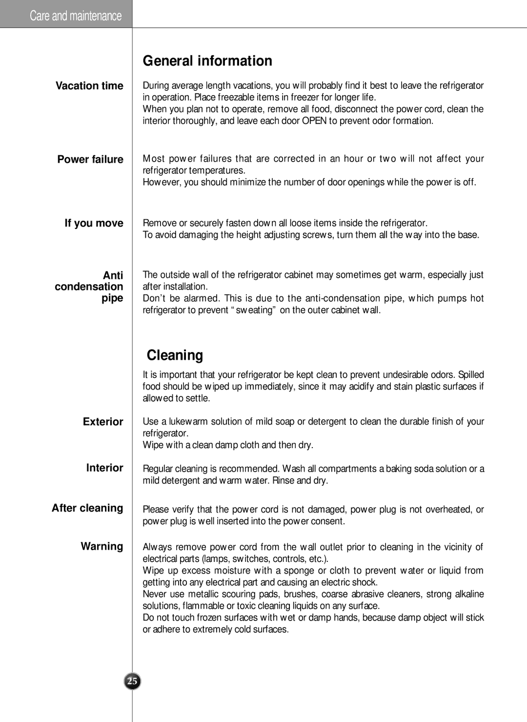 LG Electronics LRSC21935TT, LRSC21935SW, LRSC21935SB manual General information, Cleaning, Vacation time 