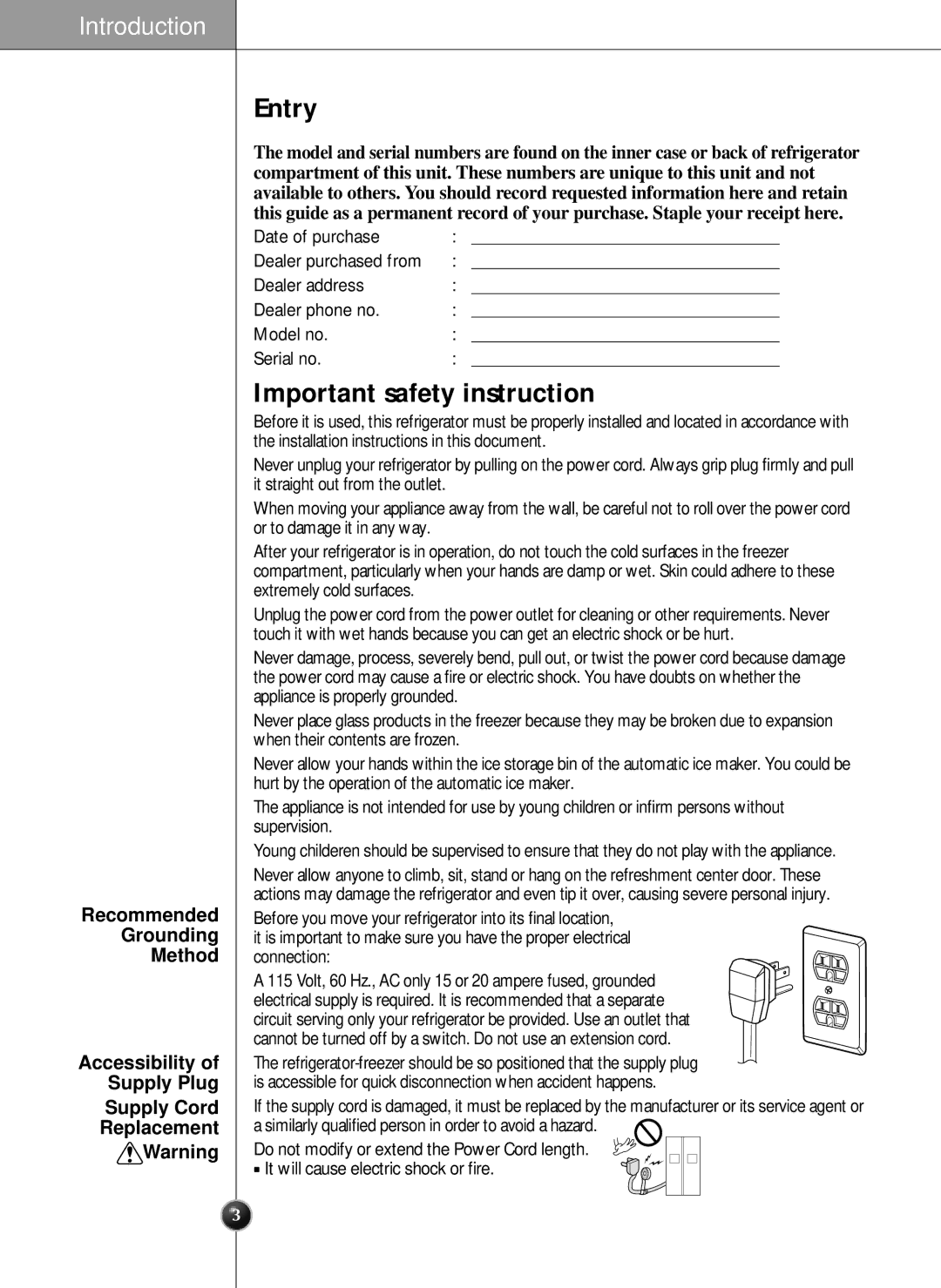 LG Electronics LRSC21935TT, LRSC21935SW, LRSC21935SB manual Entry, Important safety instruction, Connection 