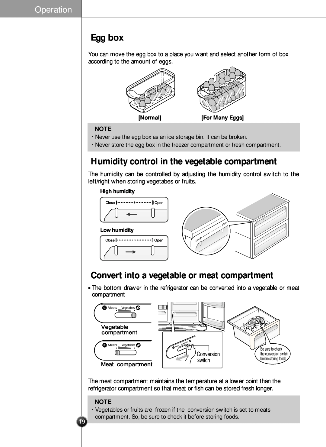 LG Electronics LRSC21935TT, LRSC21935SW, LRSC21935SB Egg box, Humidity control in the vegetable compartment, Operation 
