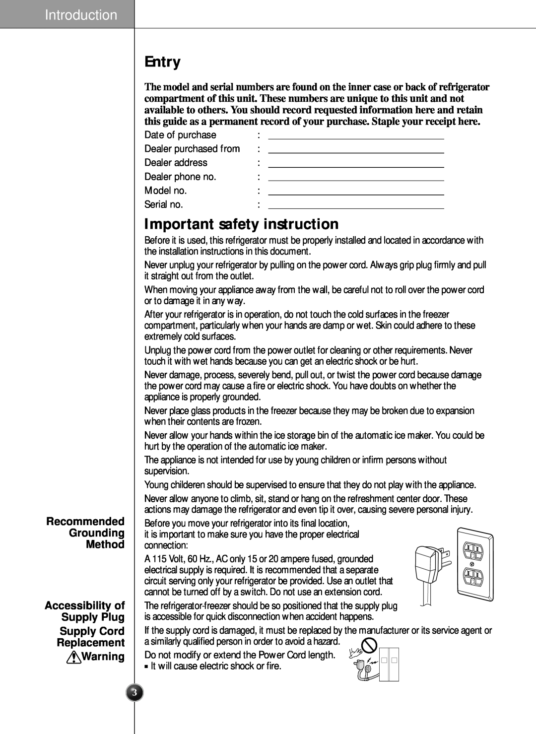 LG Electronics LRSC21935TT, LRSC21935SW, LRSC21935SB manual Entry, Important safety instruction, Introduction 