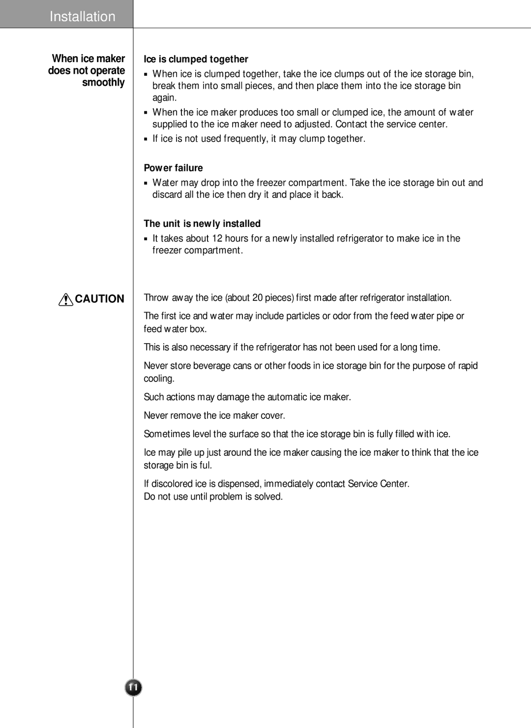 LG Electronics LRSC21951ST manual Smoothly, Ice is clumped together, Power failure, Unit is newly installed 