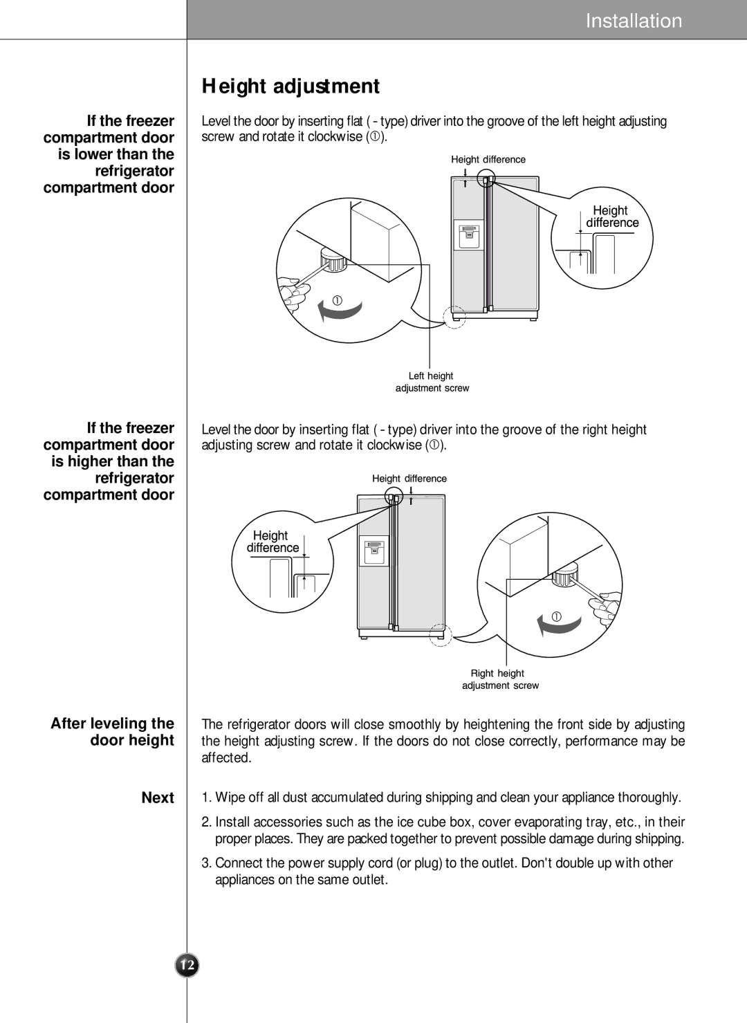 LG Electronics LRSC21951ST manual Height adjustment, If the freezer Compartment door, Compartment door If the freezer, Next 