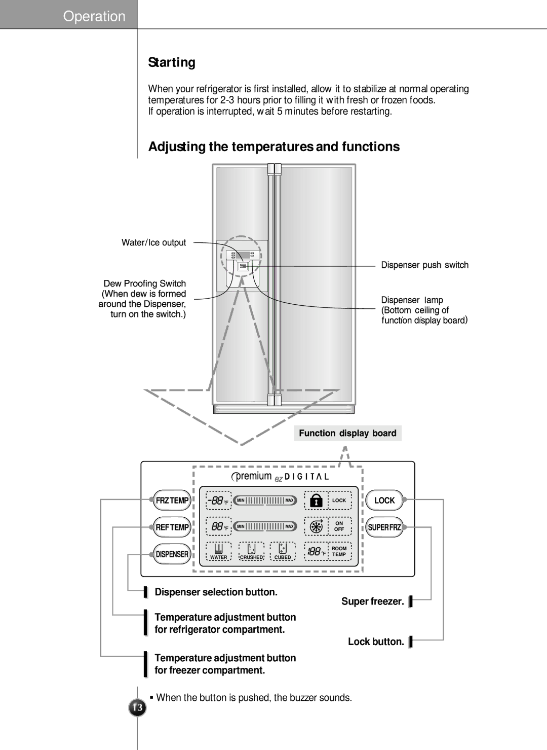 LG Electronics LRSC21951ST manual Dispenser selection button Super freezer, Lock button 