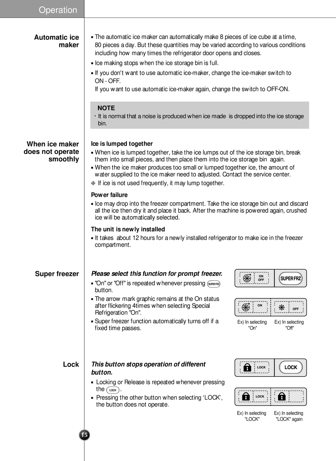 LG Electronics LRSC21951ST manual Super freezerPlease select this function for prompt freezer, Ice is lumped together 