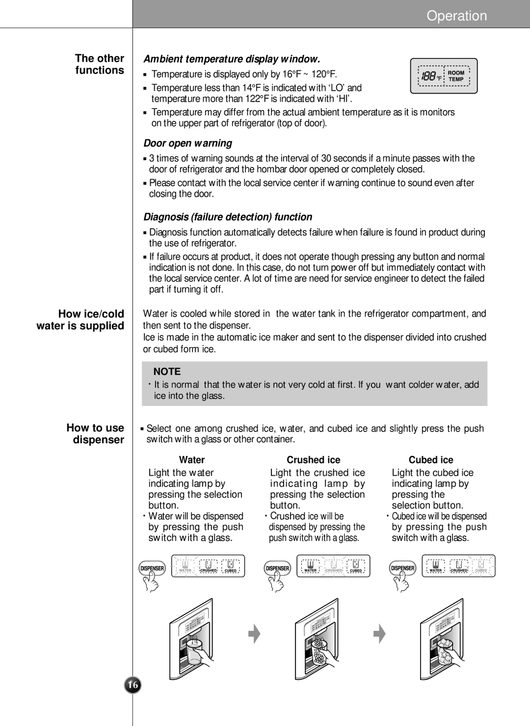 LG Electronics LRSC21951ST manual Roomtemp, How ice/cold Water is supplied 