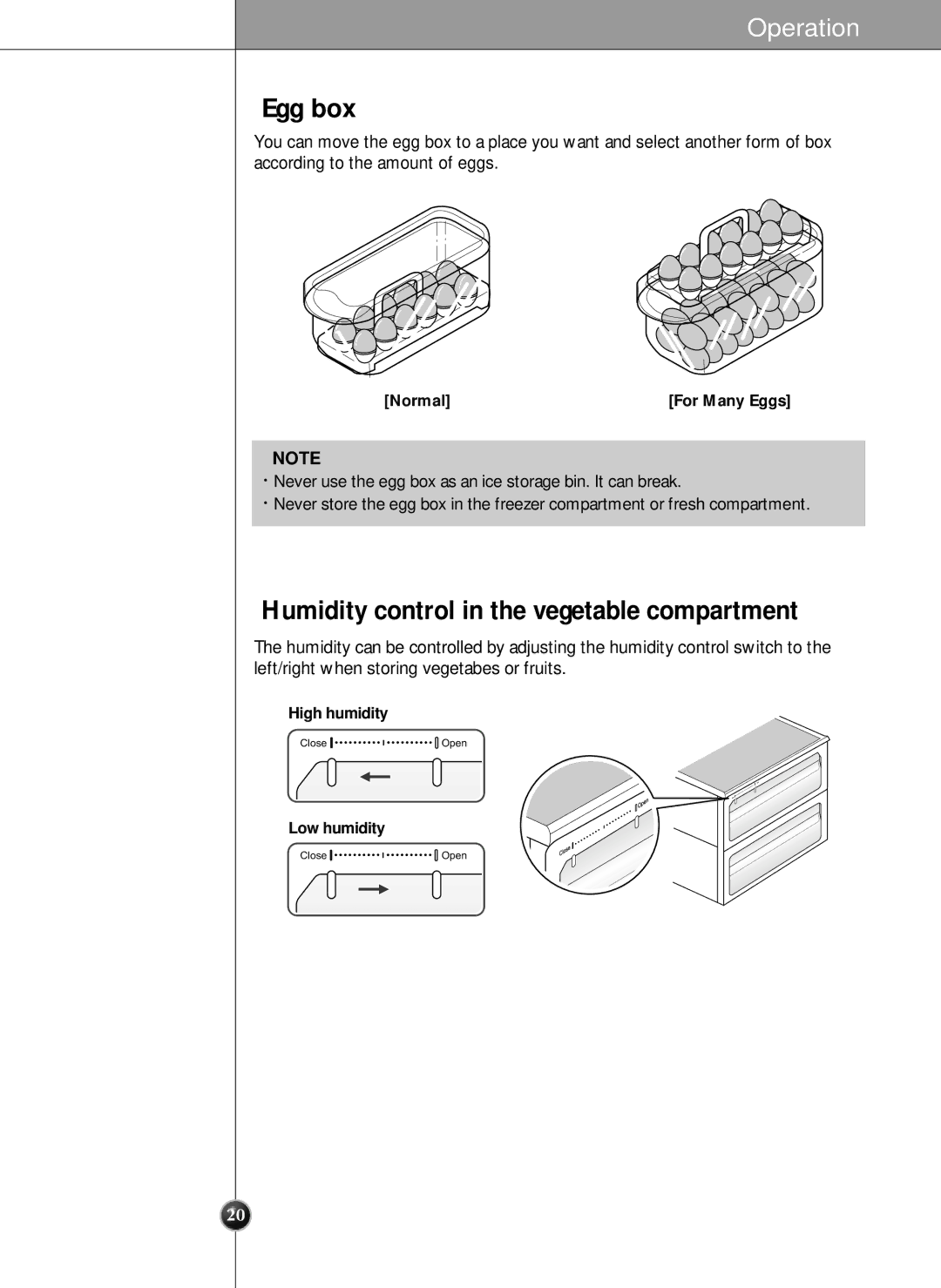 LG Electronics LRSC21951ST manual Egg box, Humidity control in the vegetable compartment 