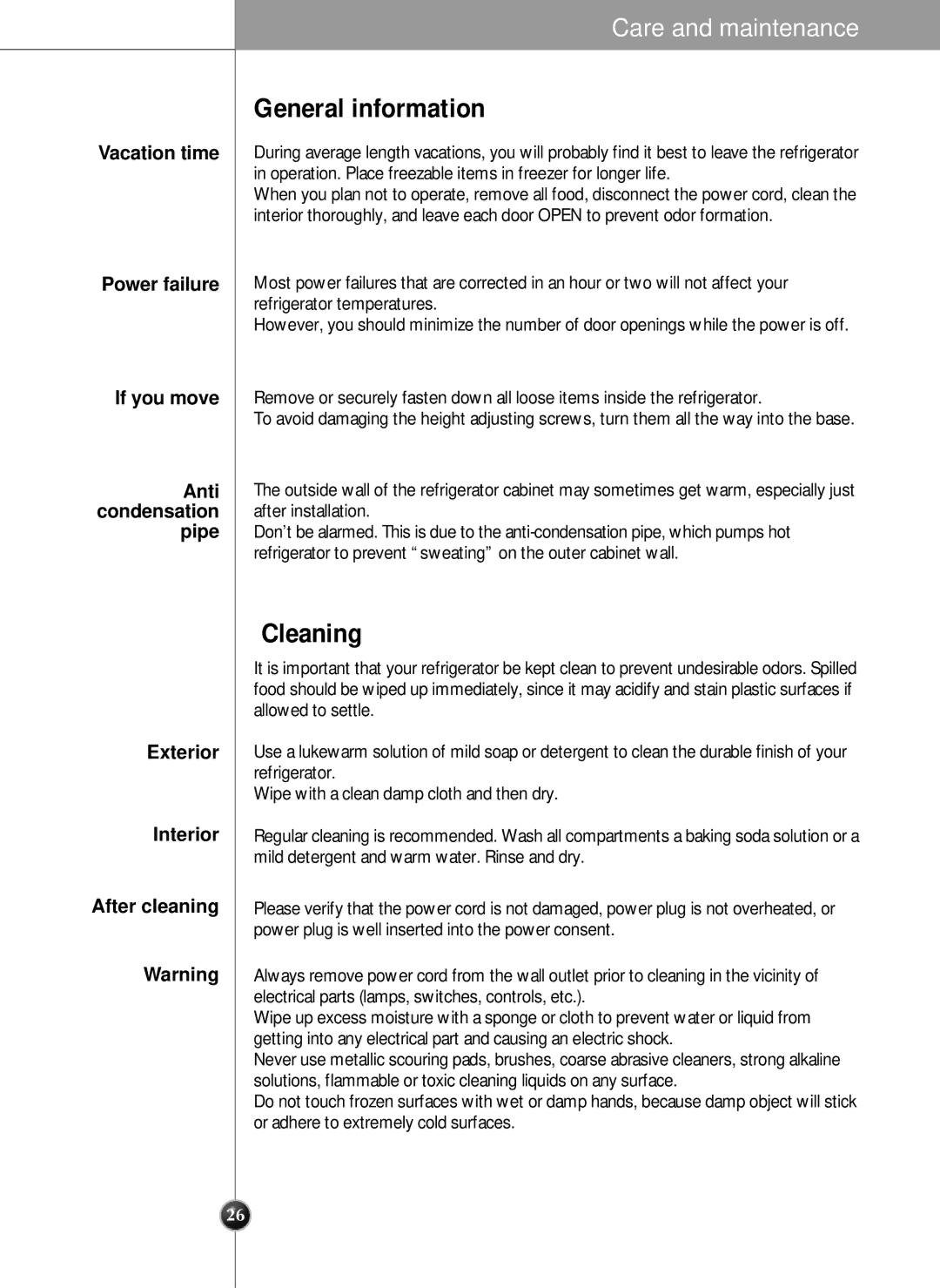 LG Electronics LRSC21951ST General information, Cleaning, Vacation time, Power failure If you move Anti Condensation Pipe 