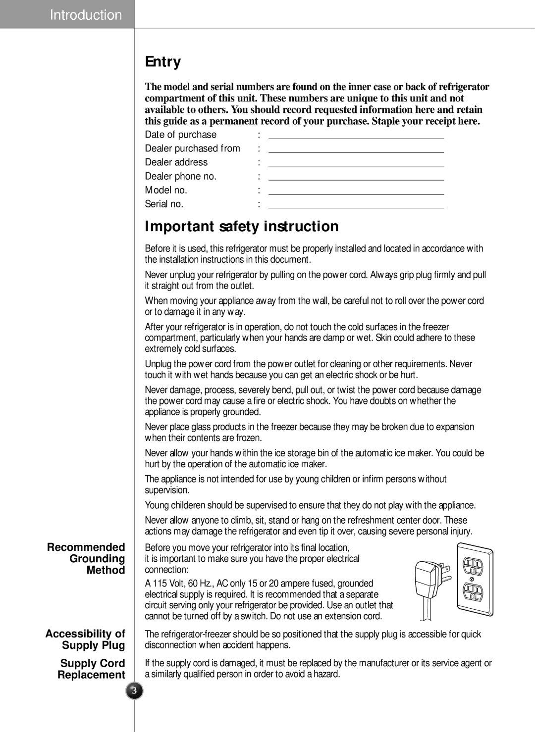 LG Electronics LRSC21951ST Entry, Important safety instruction, Recommended Grounding Method, Supply Cord Replacement 