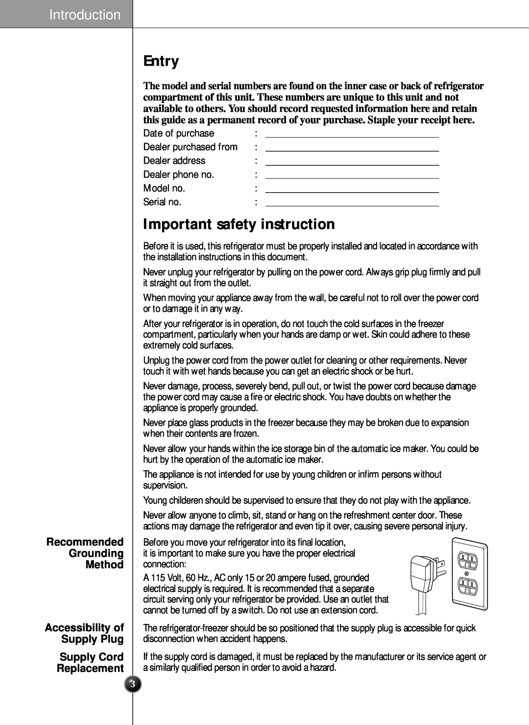 LG Electronics LRSC21951ST manual Entry, Important safety instruction, Introduction, Recommended Grounding Method 