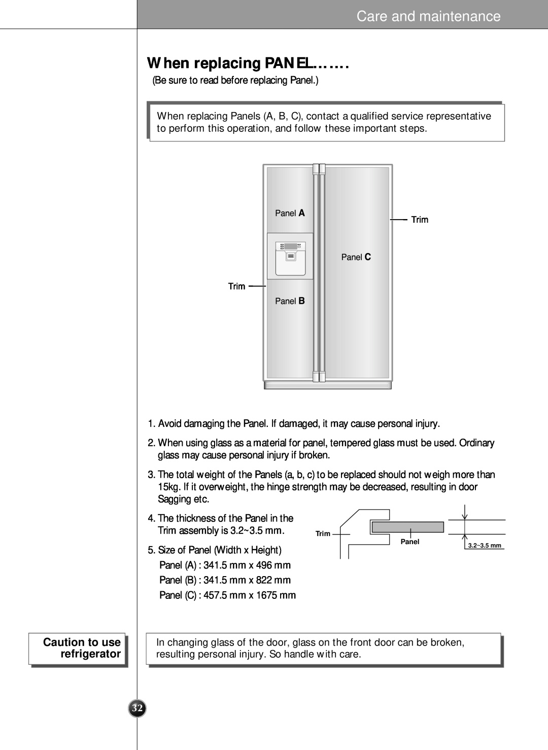 LG Electronics LRSC21951ST manual When replacing PANEL……, TrimPanelPanelBTrim, Care and maintenance 