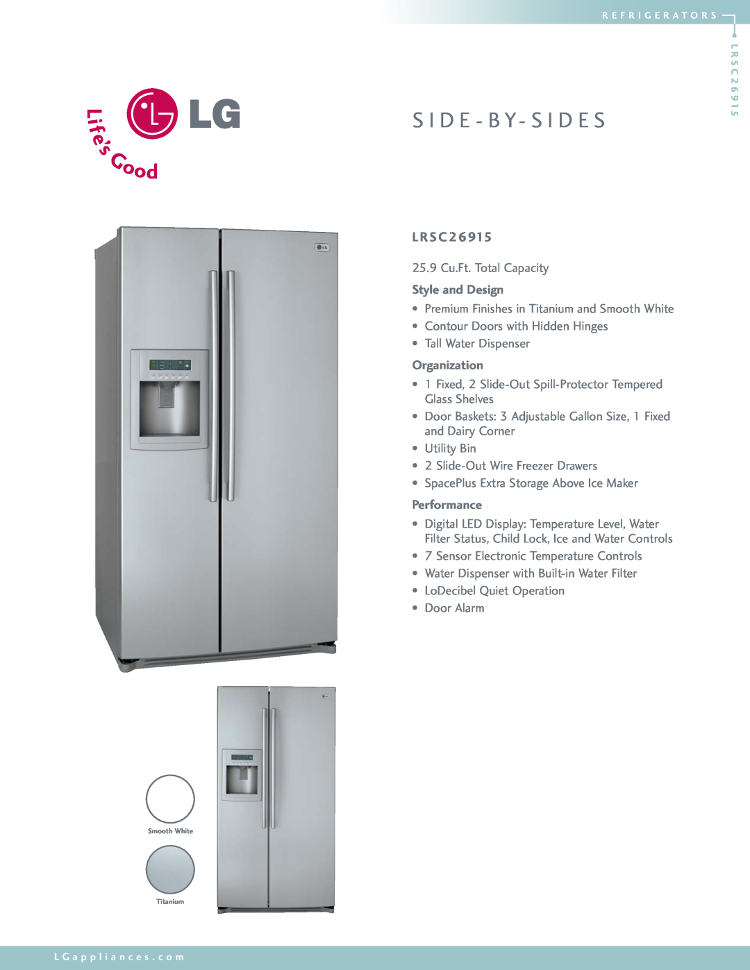 LG Electronics LRSC26915 manual L Rs C, S I D E - B Y- S I D E S, Style and Design, Organization, Performance 
