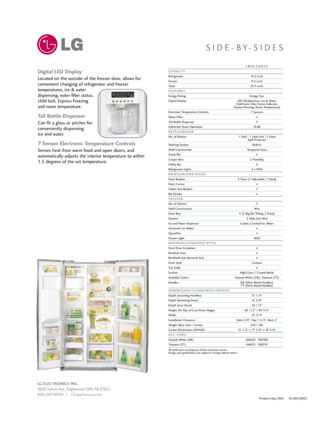 LG Electronics LRSC26925 manual Digital LED Display, Tall Bottle Dispenser, Sensor Electronic Temperature Controls 