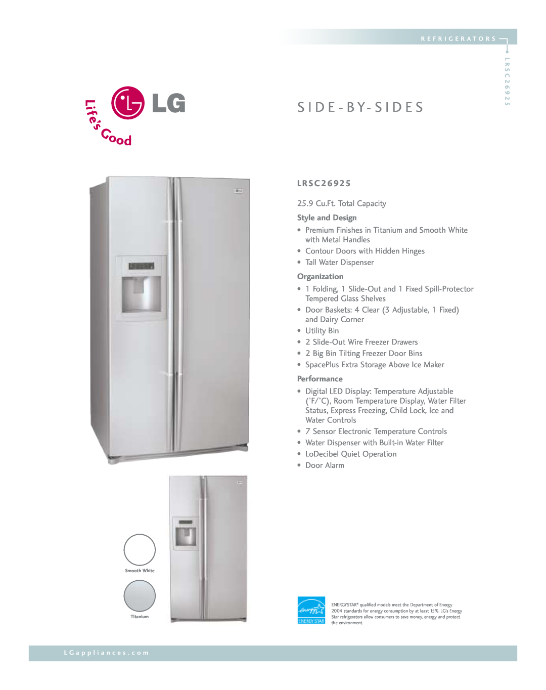 LG Electronics LRSC26925 manual L Rs C, S I D E - B Y- S I D E S, Style and Design, Organization, Performance 