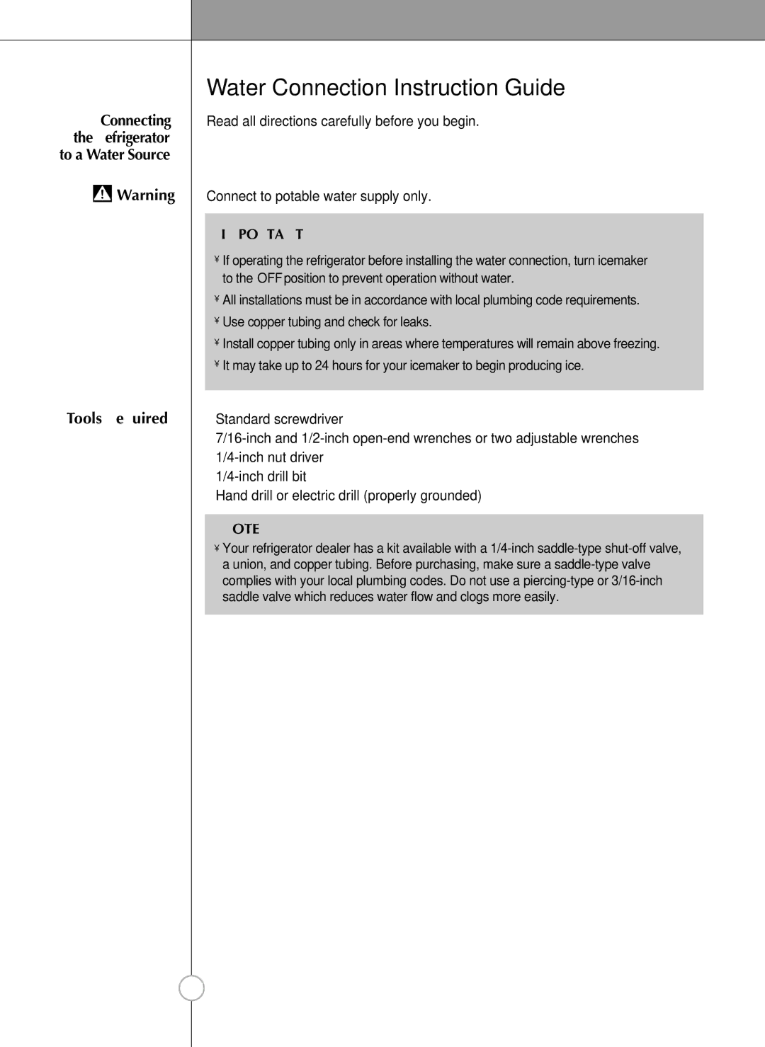 LG Electronics LRSC26925SW, LSRC26923SW, LRSC26925TT, LSRC26923TT manual Water Connection Instruction Guide, Connecting 