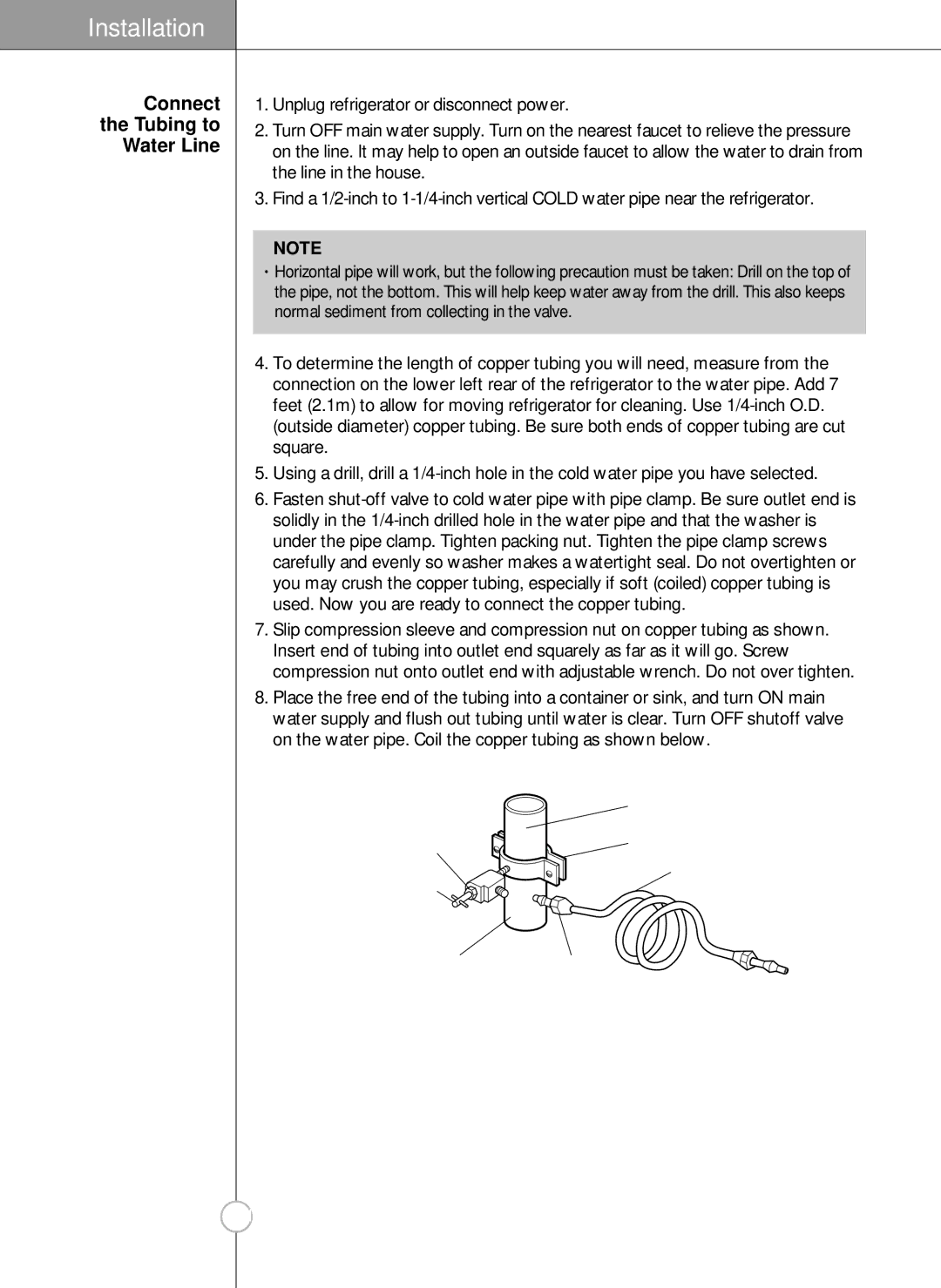 LG Electronics LRSC26925SW, LSRC26923SW, LRSC26925TT, LSRC26923TT manual PipeClamp, Connect the Tubing to Water Line 