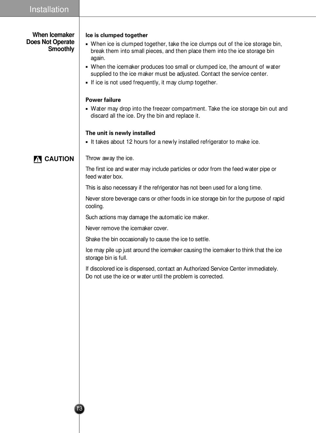 LG Electronics LRSC26925SW, LSRC26923SW, LRSC26925TT, LSRC26923TT When Icemaker Does Not Operate Smoothly, Power failure 