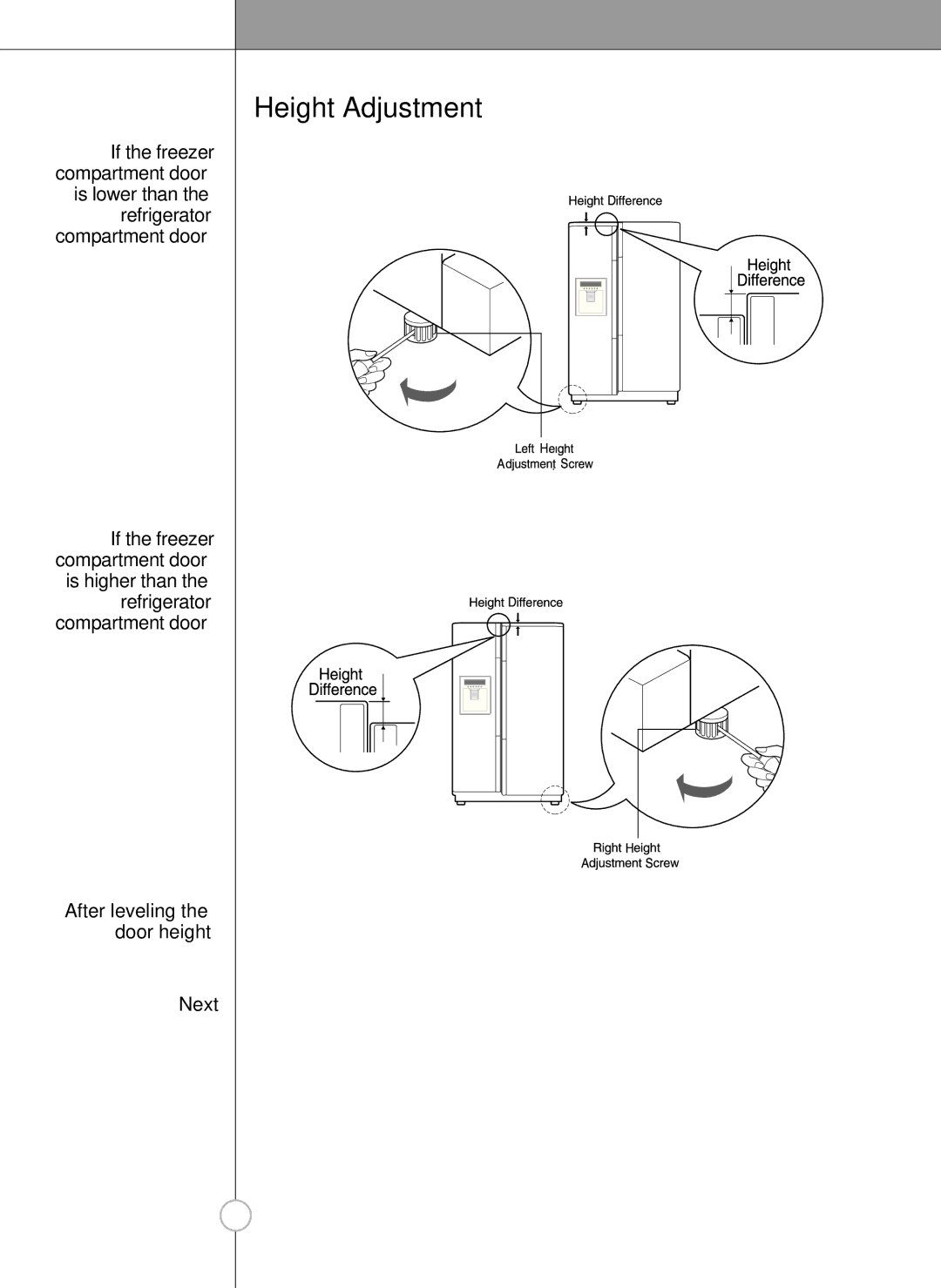 LG Electronics LRSC26925SW, LSRC26923SW, LRSC26925TT, LSRC26923TT manual Height Adjustment, Next 