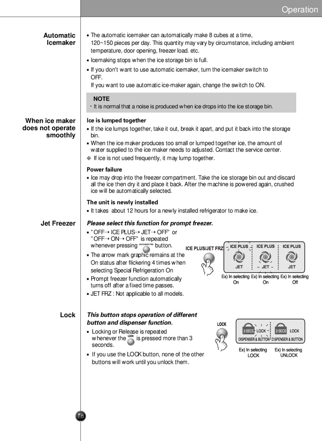 LG Electronics LRSC26925SW, LSRC26923SW, LRSC26925TT, LSRC26923TT manual Lock, Ice is lumped together 