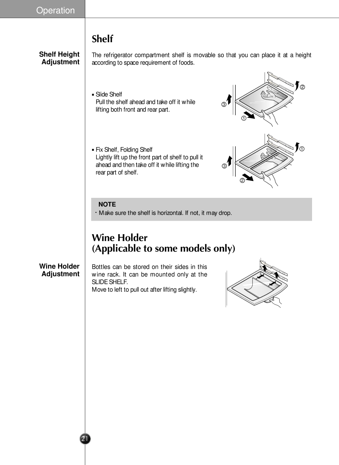 LG Electronics LRSC26925SW, LSRC26923SW, LRSC26925TT, LSRC26923TT manual Shelf, Wine Holder Applicable to some models only 