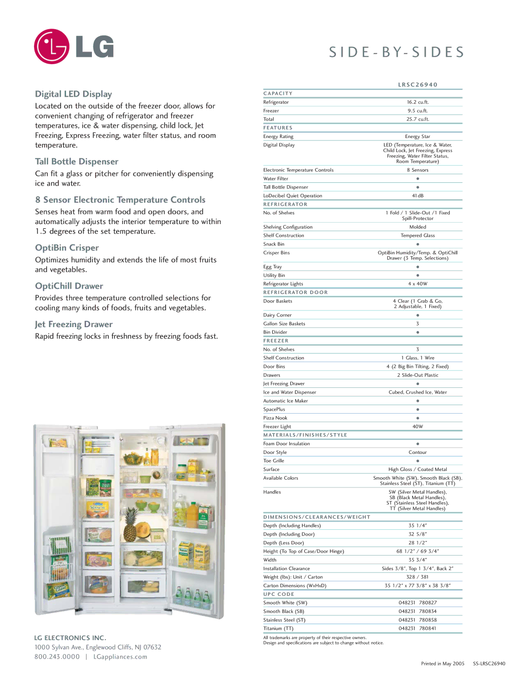 LG Electronics LRSC26940 manual Digital LED Display, Tall Bottle Dispenser, Sensor Electronic Temperature Controls 