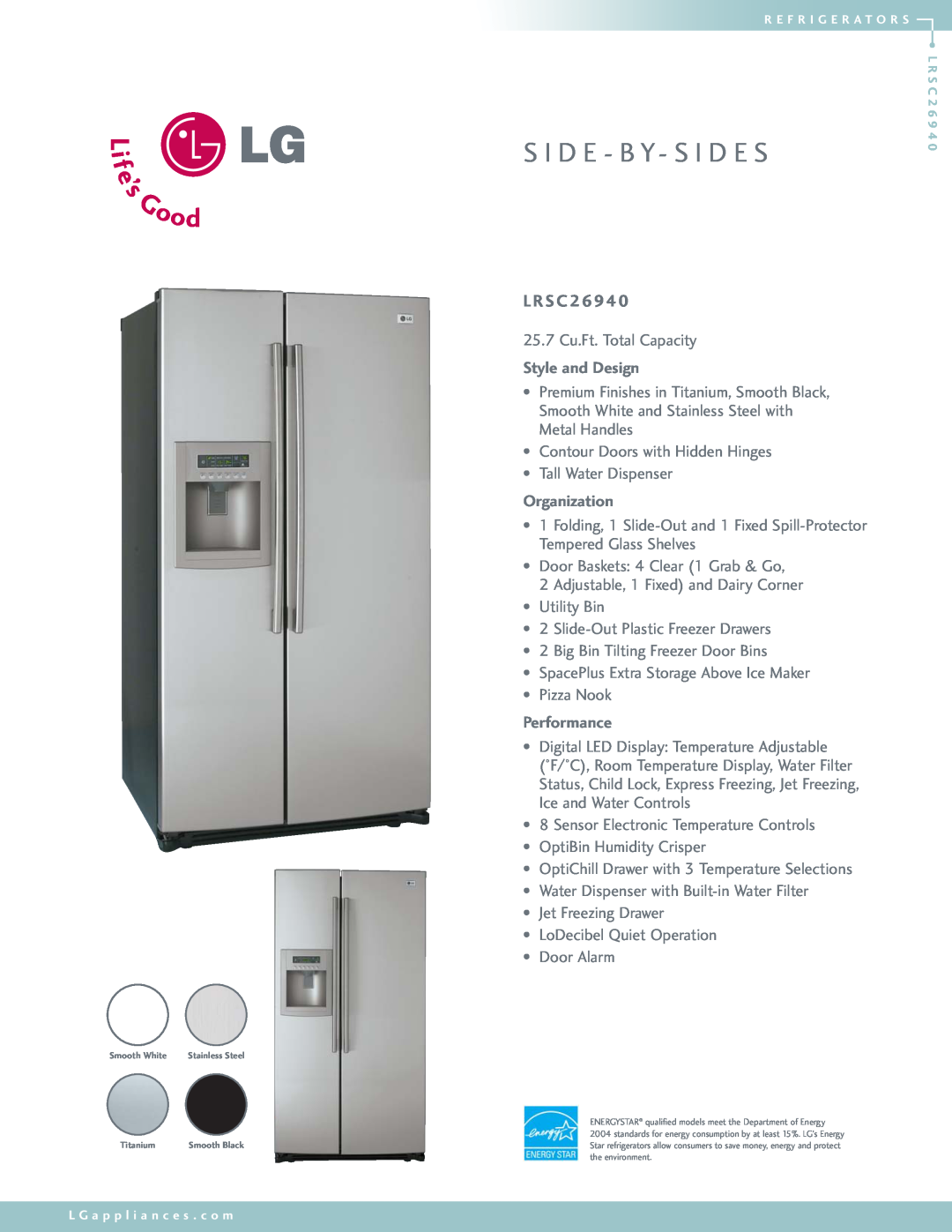 LG Electronics LRSC26940 manual L Rs C, S I D E - B Y- S I D E S, Style and Design, Organization, Performance 