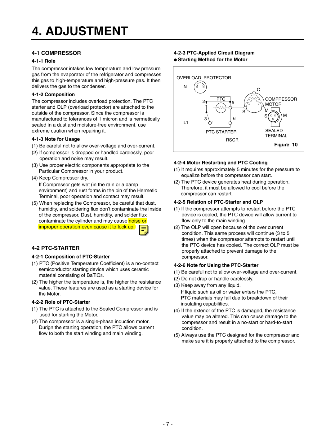 LG Electronics LRTN19310, LRTN22310 service manual Adjustment, Compressor, Ptc-Starter 