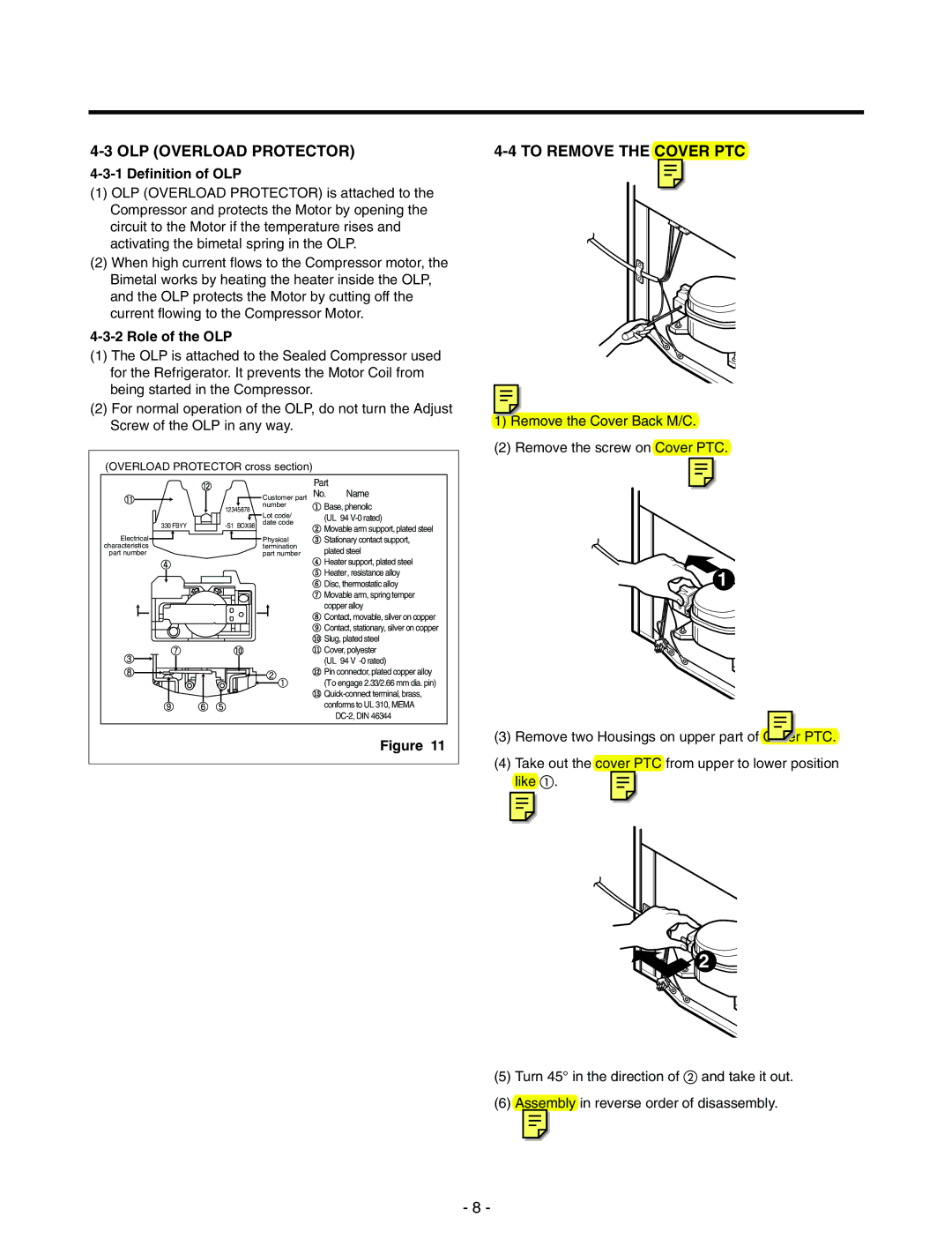 LG Electronics LRTN22310, LRTN19310 OLP Overload Protector, To Remove the Cover PTC, Definition of OLP, Role of the OLP 