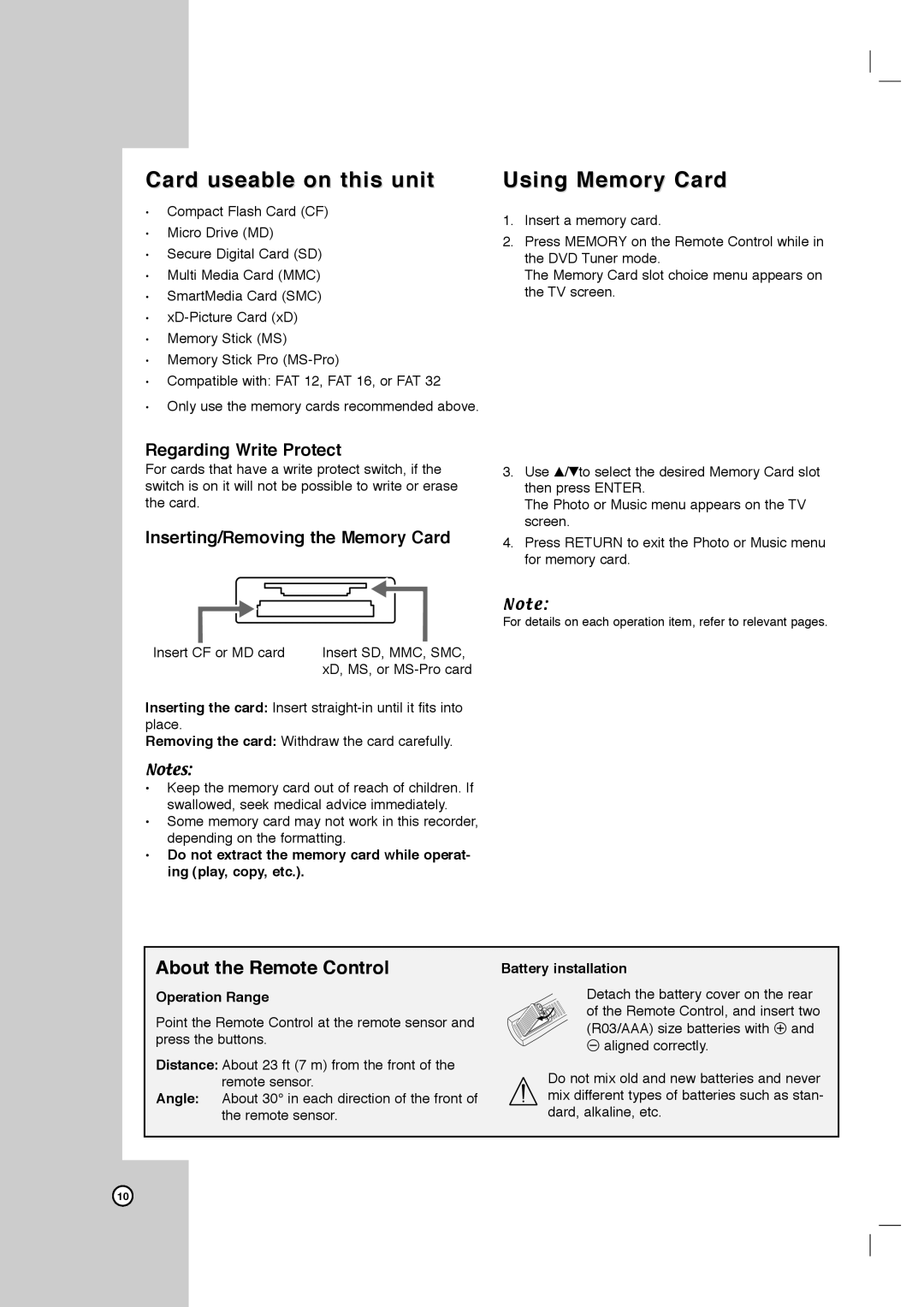 LG Electronics LRY-517 Card useable on this unit Using Memory Card, About the Remote Control, Battery installation 