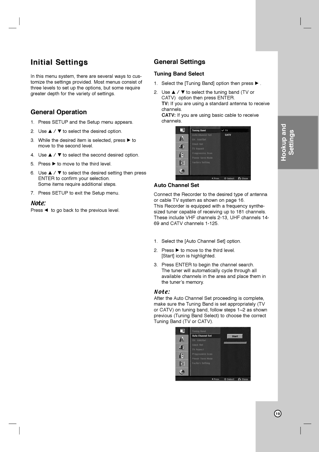 LG Electronics LRY-517 Initial Settings, General Operation, General Settings, Tuning Band Select, Auto Channel Set 