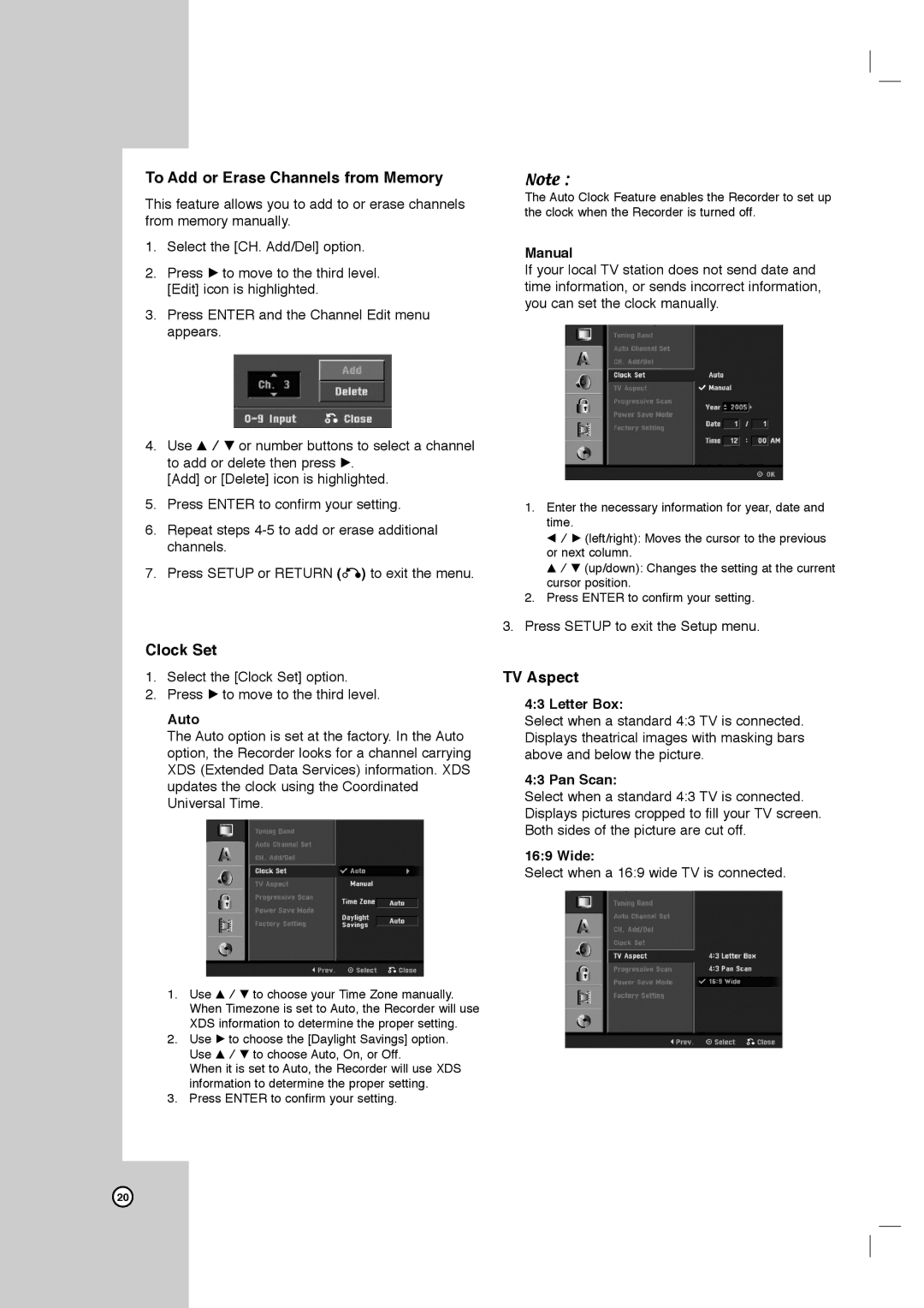 LG Electronics LRY-517 owner manual To Add or Erase Channels from Memory, Clock Set, TV Aspect 