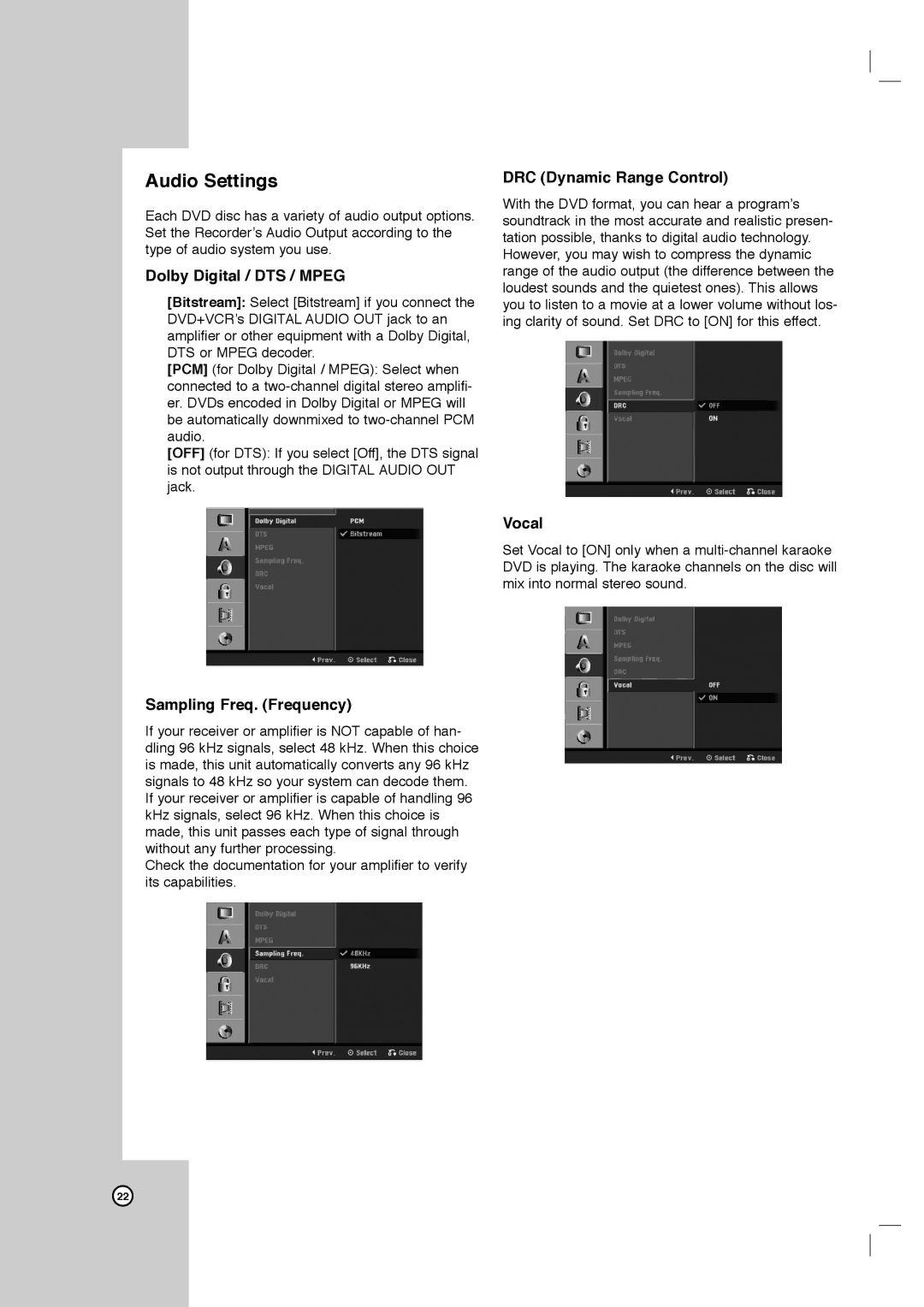 LG Electronics LRY-517 Audio Settings, Dolby Digital / DTS / Mpeg, Sampling Freq. Frequency, DRC Dynamic Range Control 