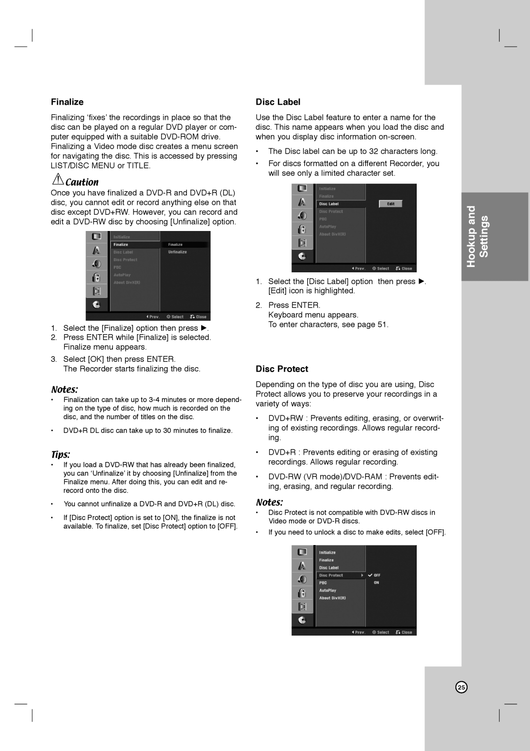 LG Electronics LRY-517 owner manual Finalize, Disc Label, Disc Protect 